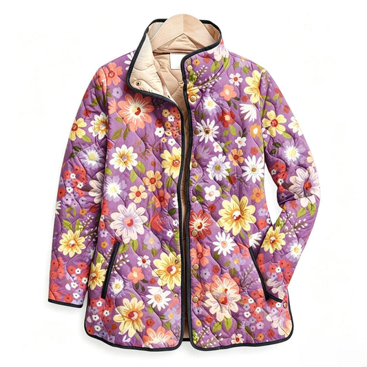 Purple Multicolor Daisy Floral Quilted Jacket