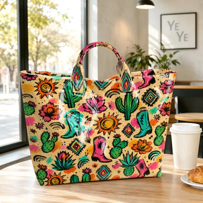 Western Cactus Cowboy Boot Print PVC Tote Bag