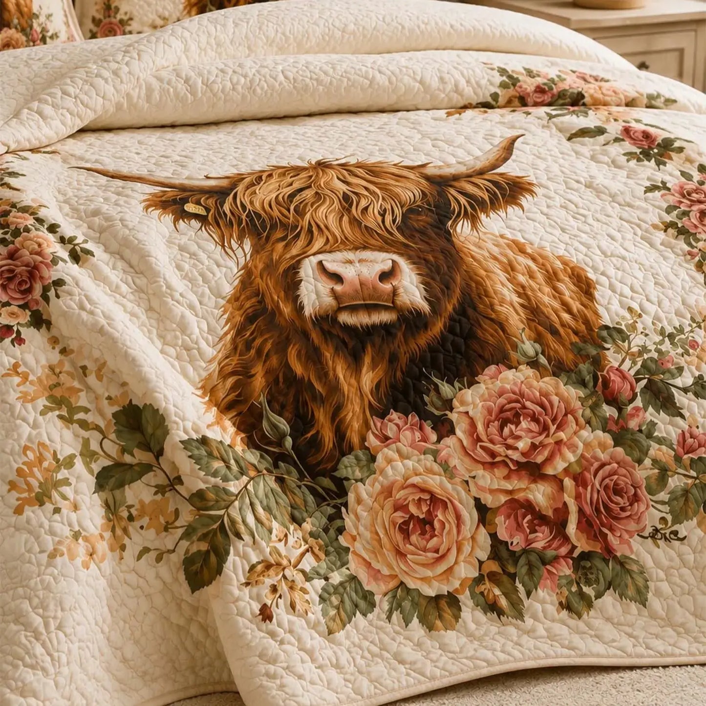 Highland Cow Rose Garden Quilted Bedding Set