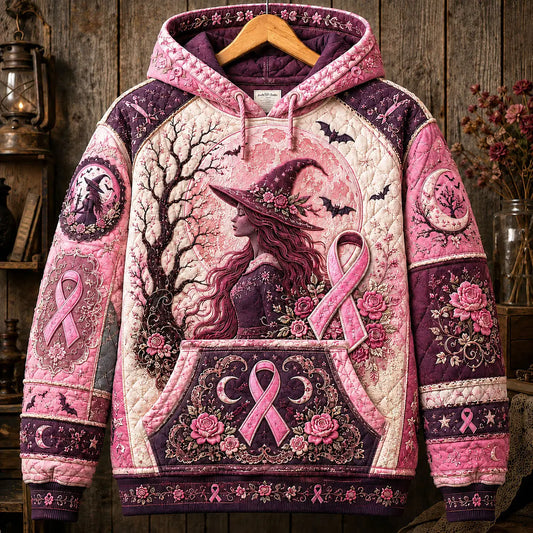 Witchy Moon Pink Ribbon Halloween Quilted Casual Hoodie