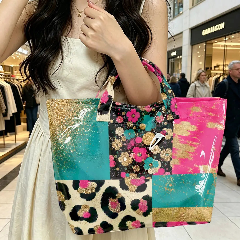 Color-block Leopard Floral Print PVC Tote Bag