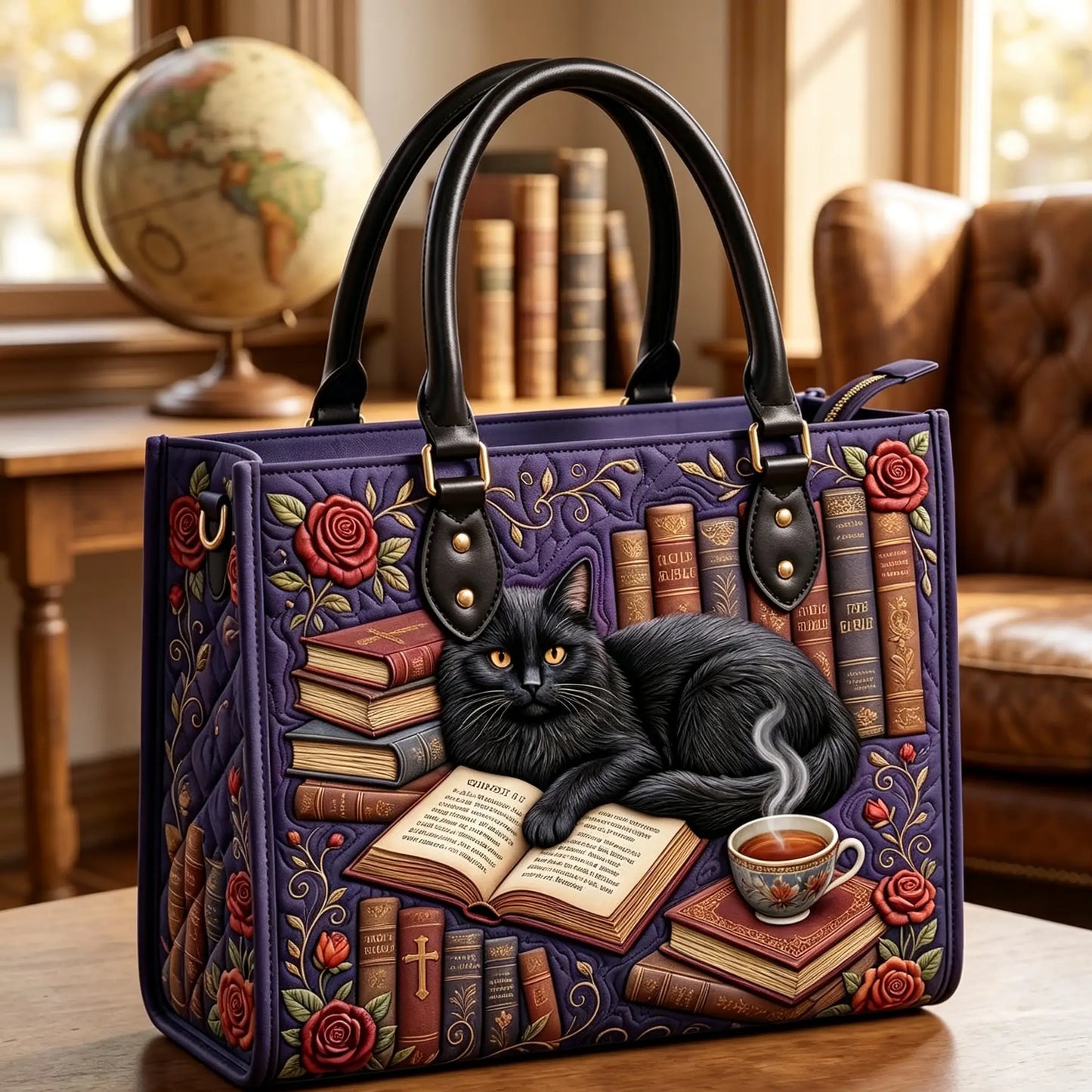 Book And The Black Cat Quilted Leather Strap Bible Handbag