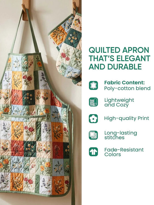 Lily of the Valley Floral Quilted Apron Set (2-Piece) – Padded Apron + Heat-Resistant Oven Mitts