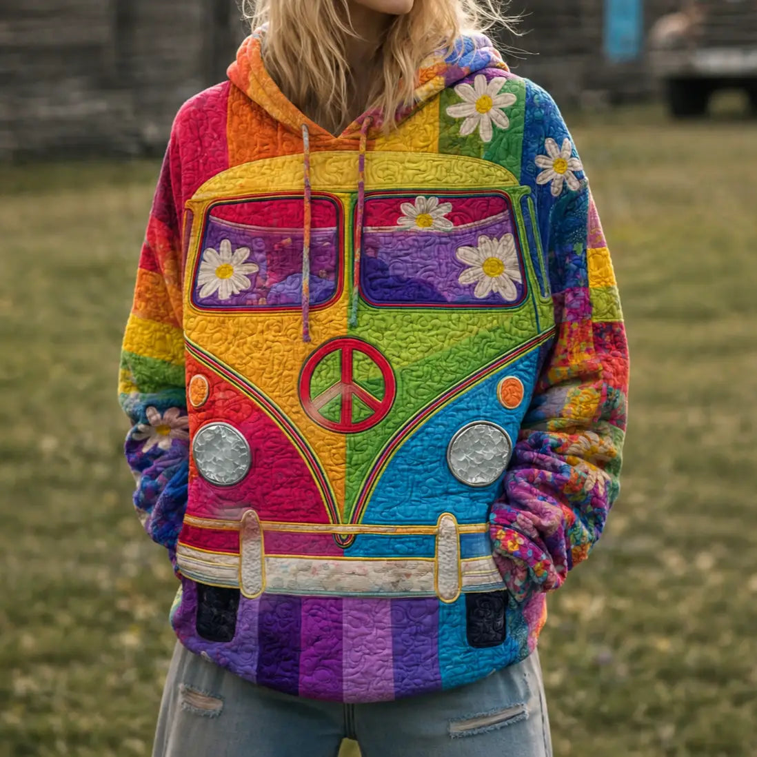 Floral Van Quilted Casual Regular Fit Long Sleeve Hoodie Sweatshirt