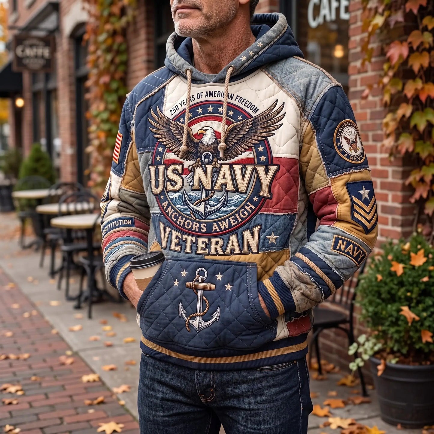 Navy Veteran Quilted Casual Hoodie