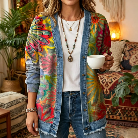 Abstract Watercolor Floral Print 3D Digital Printing Denim Shirt