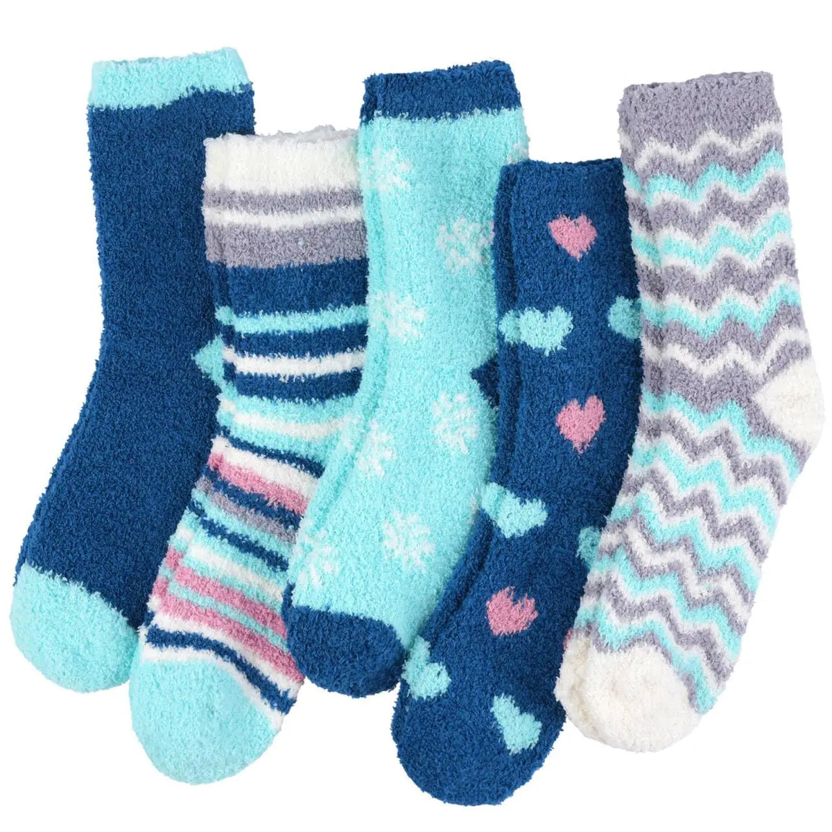Blue Heart Snowflake Fall Cozy Fluffy Slipper Socks 5 Pairs