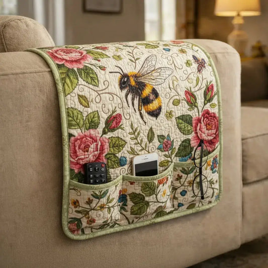 Rose Garden Bee Quilted Sofa Armrest Organizer