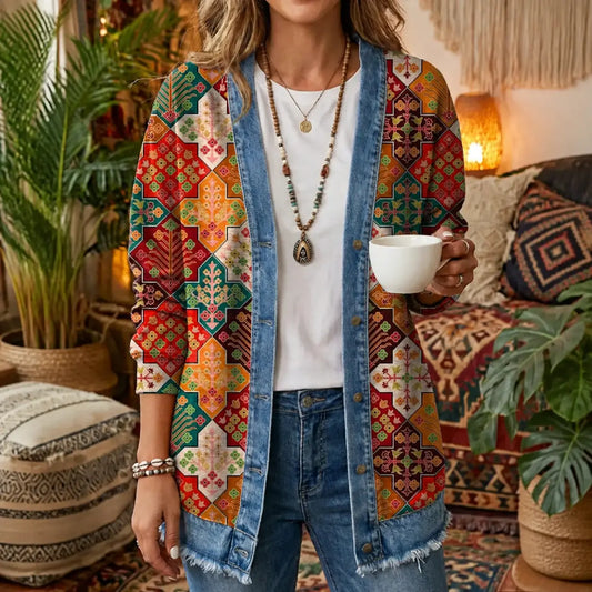 Ethnicity Geometry Totem Colorful 3D Digital Printing Denim Shirt