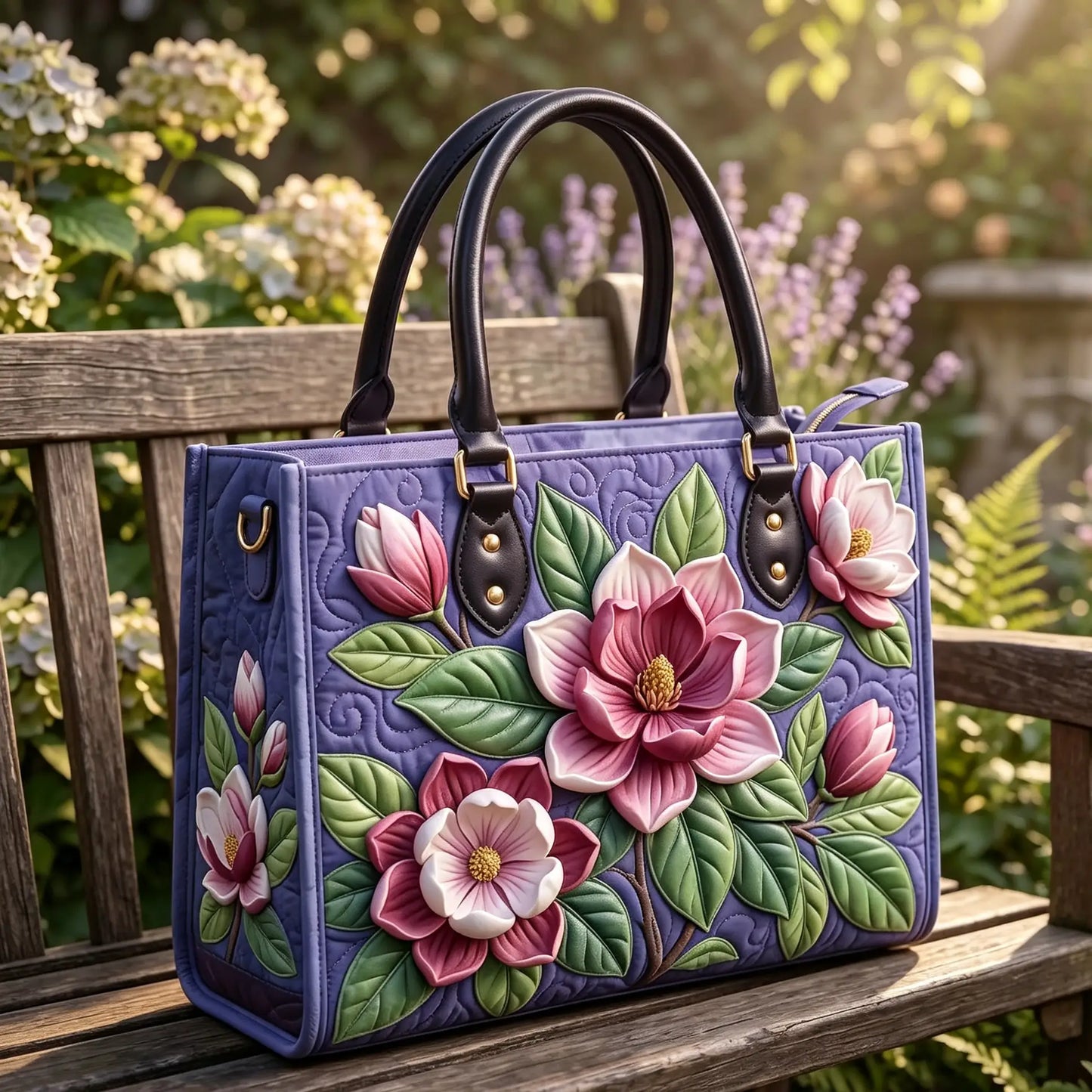 Purple Magnolia Floral Quilted Leather Strap Bible Handbag