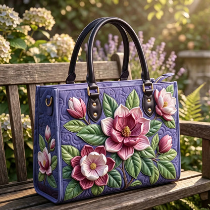Purple Magnolia Floral Quilted Leather Strap Bible Handbag