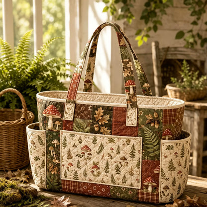 Mushroom Forest Multiple Pockets Quilted Tote Bag