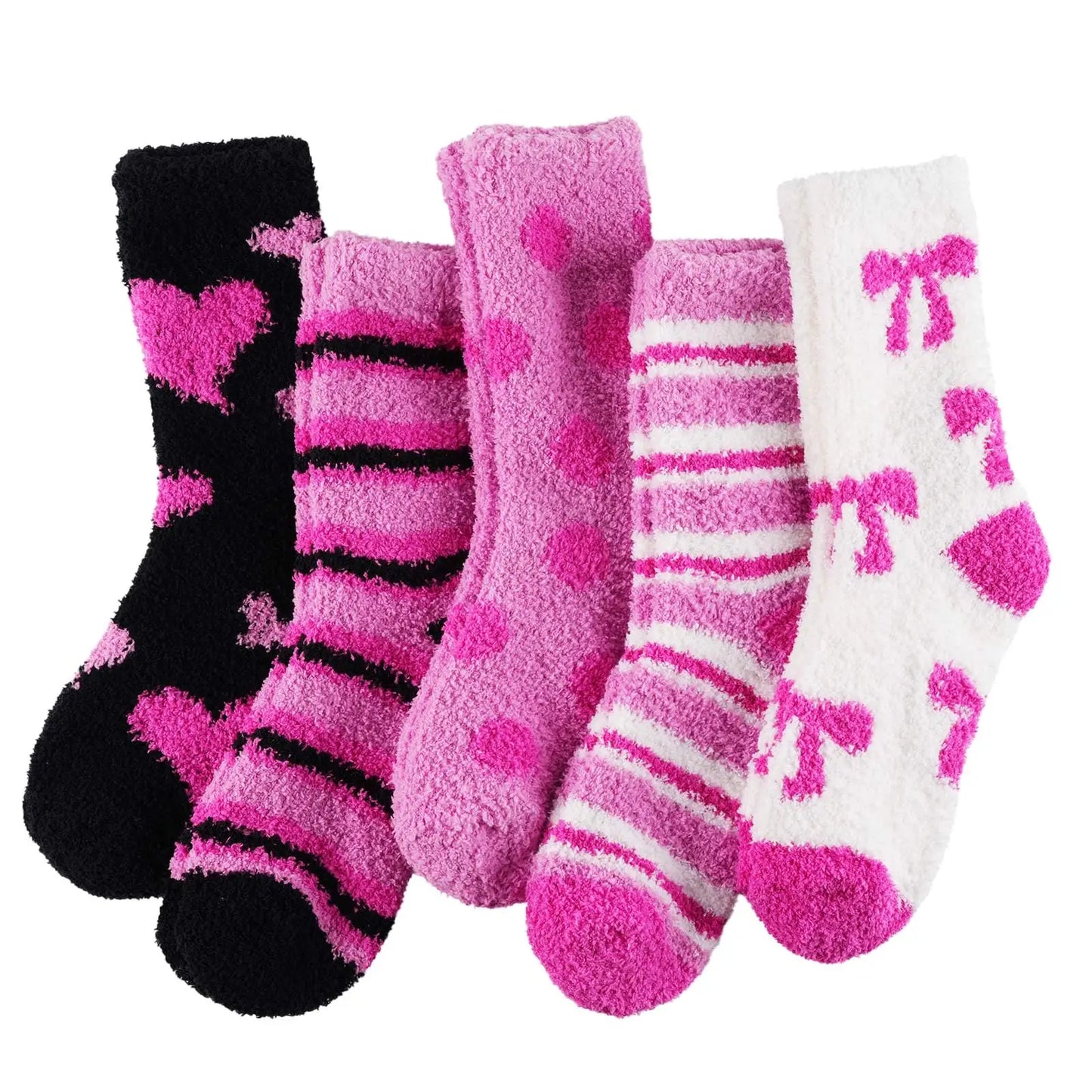 Pink Black Heart Bow Dot Fall Cozy Fluffy Slipper Socks 5 Pairs