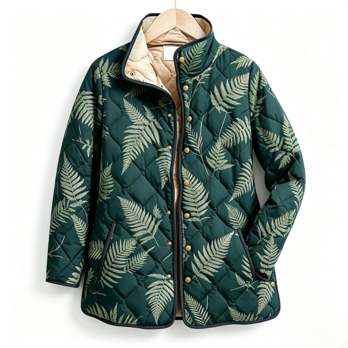 Dark Green Fern Leaf Quilted Jacket