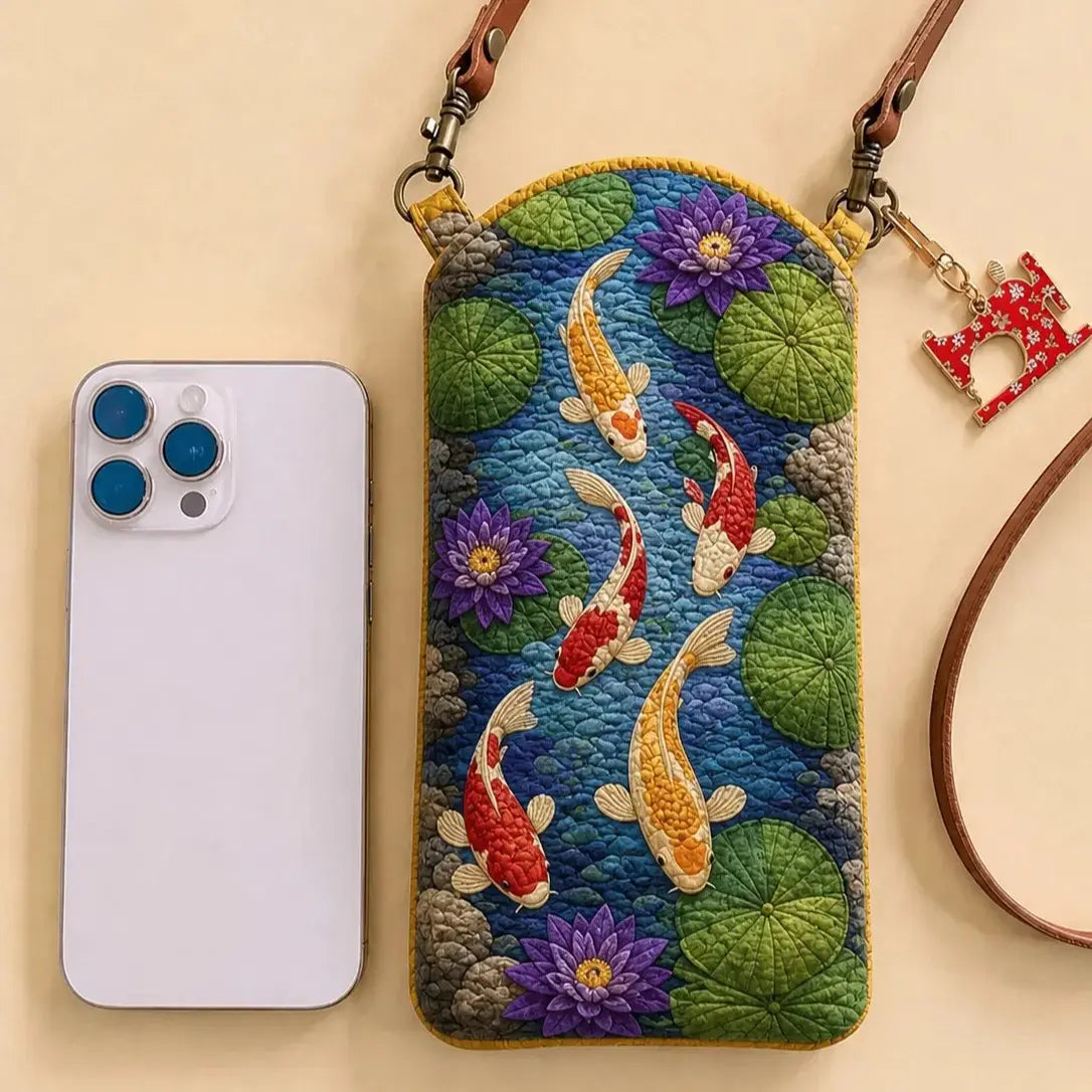Koi Fish Lotus Quilted Slim Phone Crossbody Bag