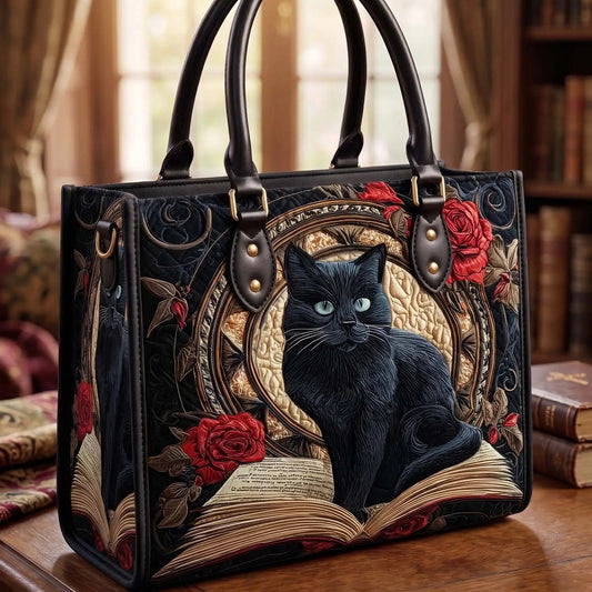 Book And The Black Cat Quilted Leather Strap Bible Handbag