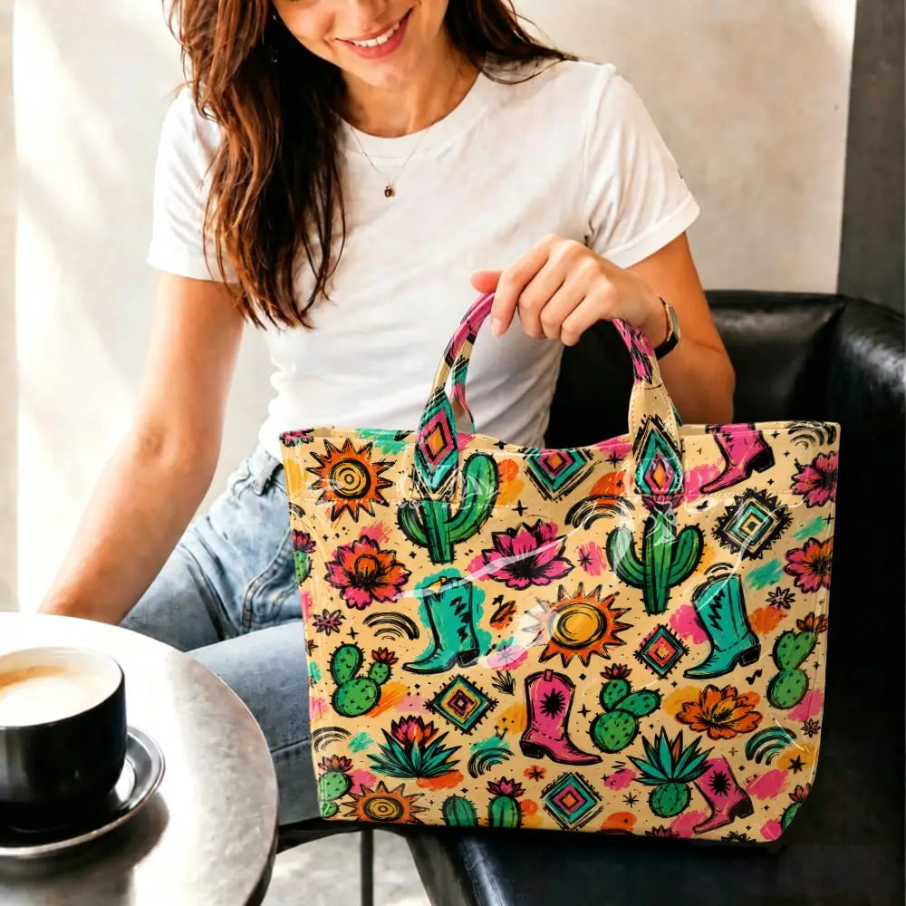 Western Cactus Cowboy Boot Print PVC Tote Bag