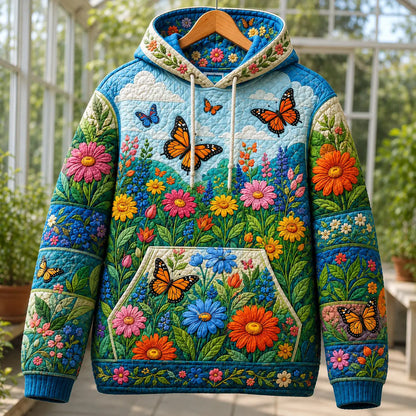 Butterfly Flower Garden Quilted Casual Hoodie