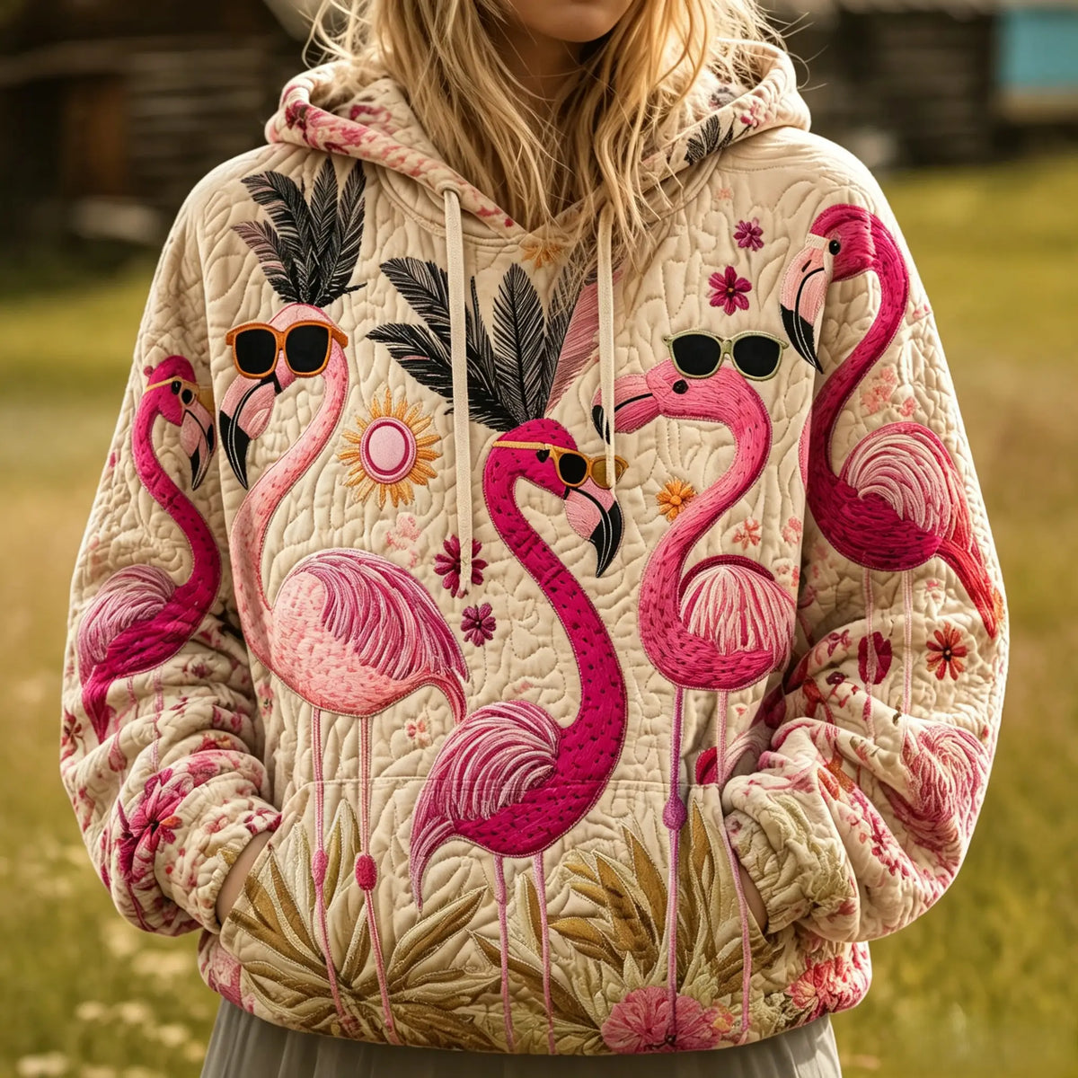Cool Flamingo Sunglasses Quilted Casual Hoodie