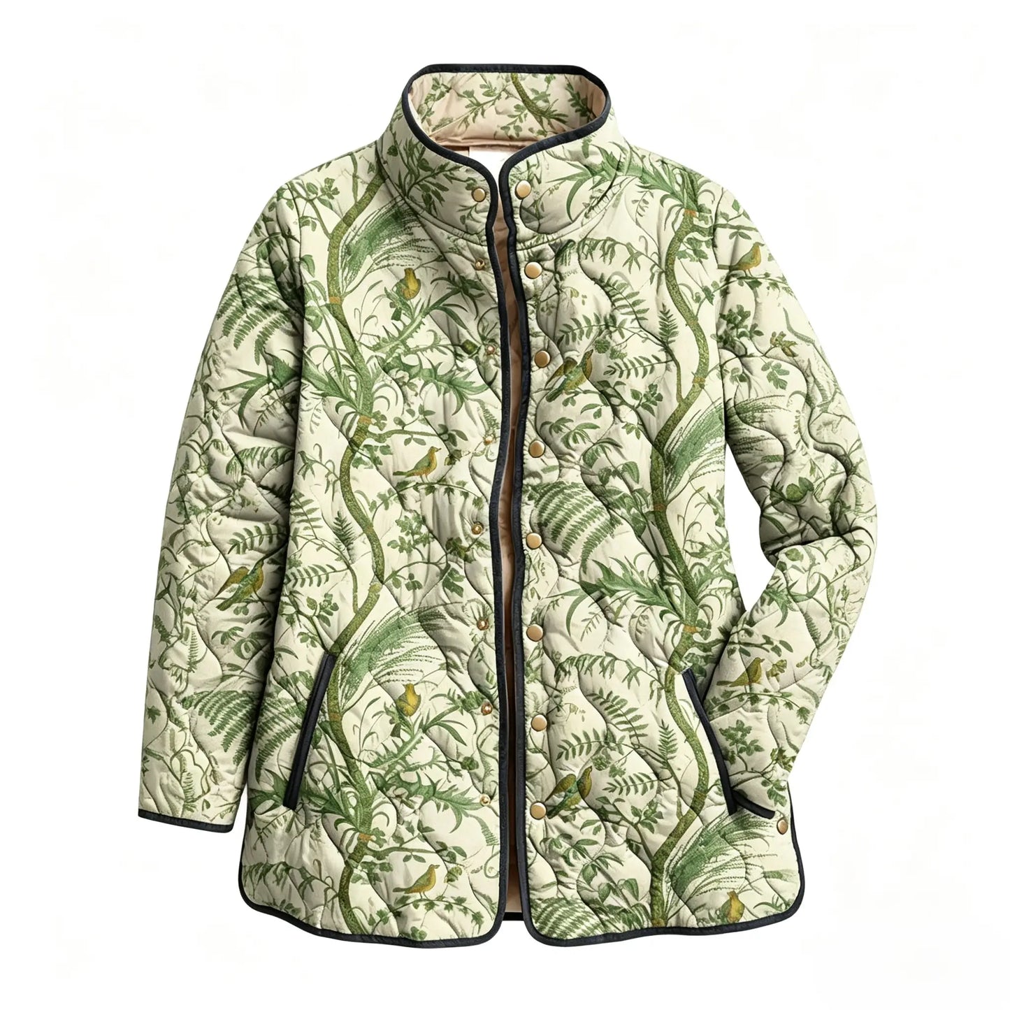 Green Vintage Bird Vine Print Quilted Jacket