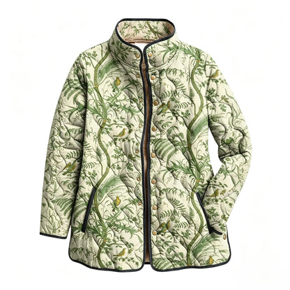 Green Vintage Bird Vine Print Quilted Jacket