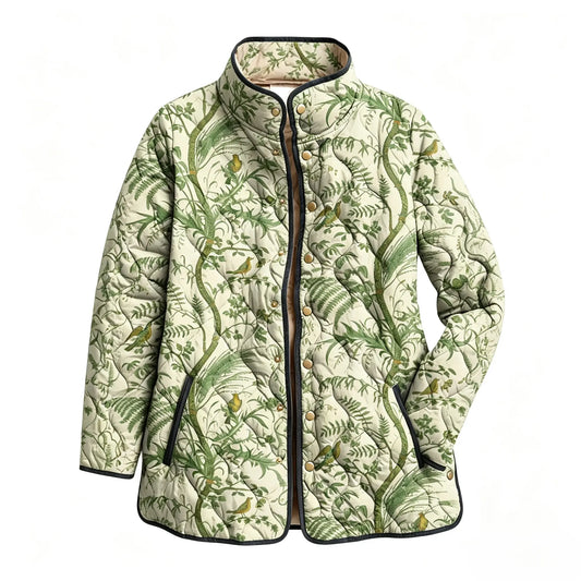Green Vintage Bird Vine Print Quilted Jacket