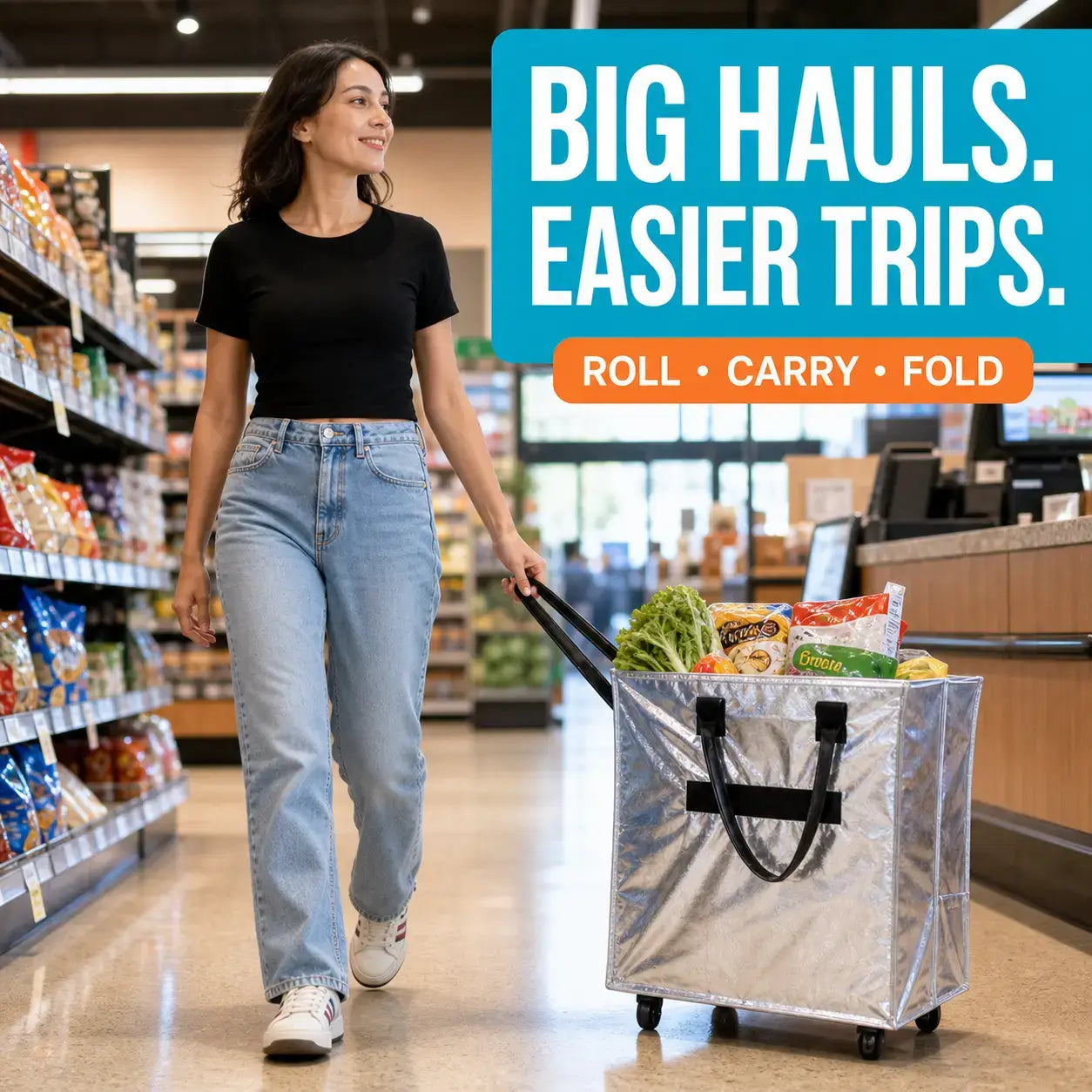 Reusable Rolling Grocery Bag with Wheels