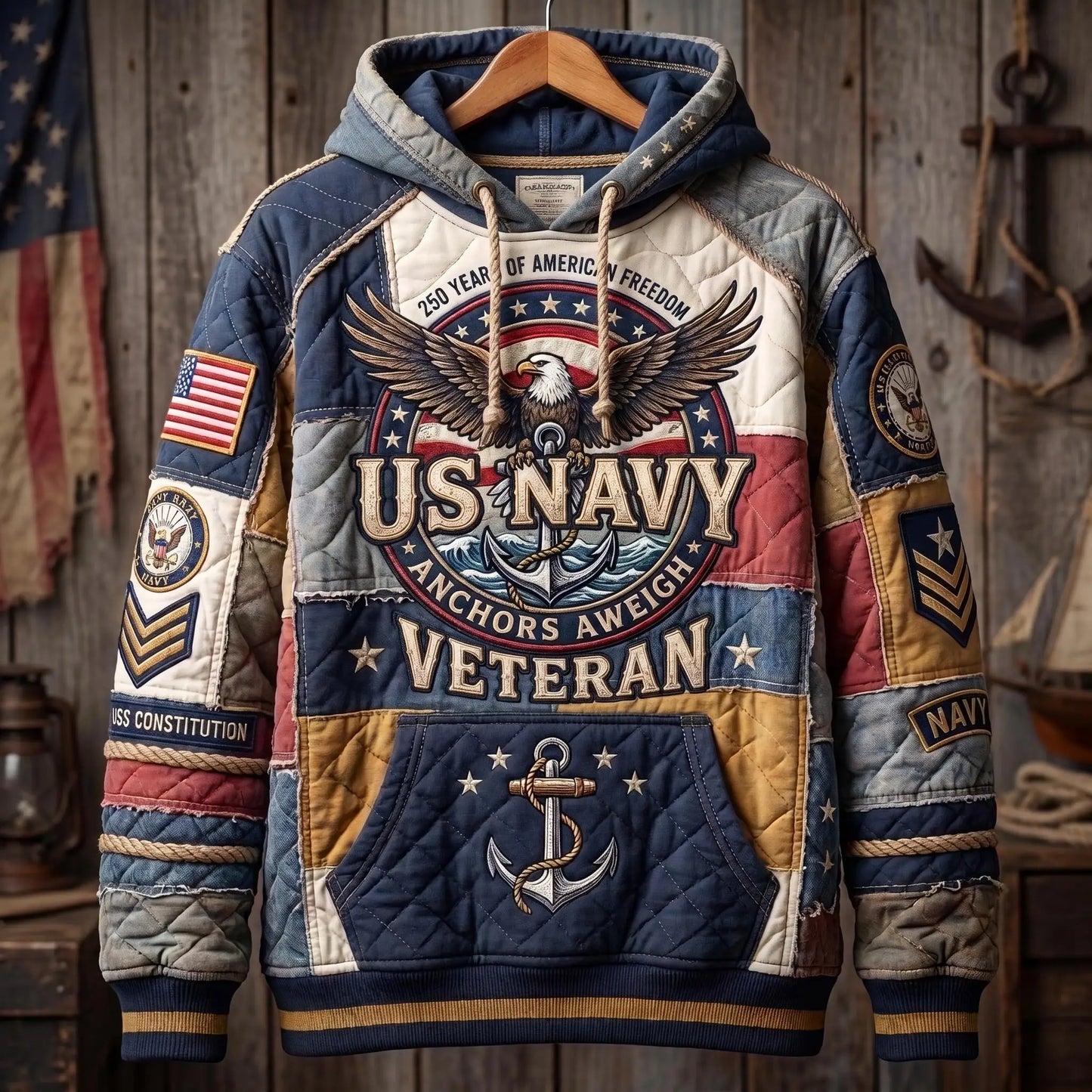 Navy Veteran Quilted Casual Hoodie