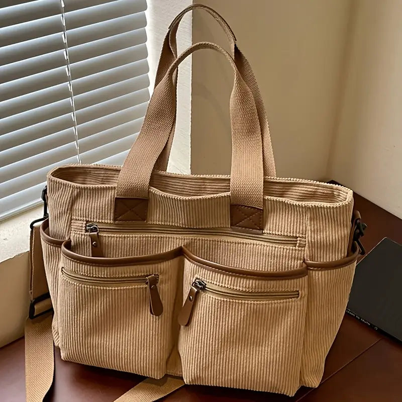 Corduroy Multi-Pocket Convertible Tote Bag