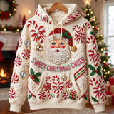 Beaded Santa Sweet Christmas Cheer Quilted Casual Hoodie