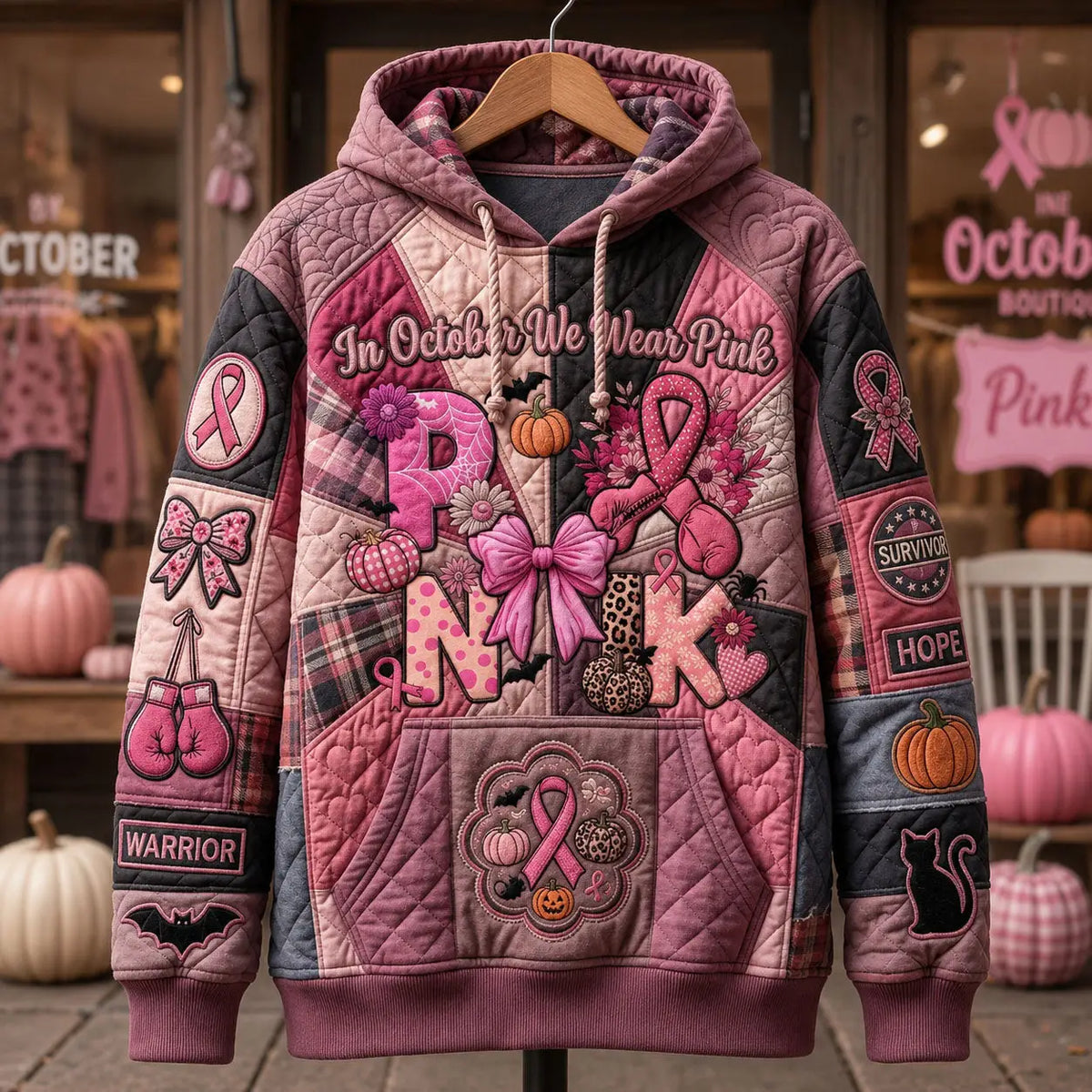 Patchwork Pink Breast Cancer Warrior Quilted Casual Hoodie