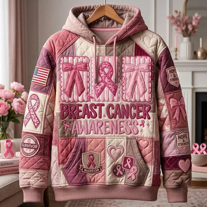 Breast Cancer Awareness Badge Quilted Casual Hoodie