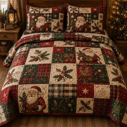 Santa Holly Plaid Quilted Bedding Set