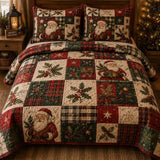 Santa Holly Plaid Quilted Bedding Set
