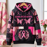 Pink Ribbon Butterfly Cancer Awareness Quilted Casual Hoodie