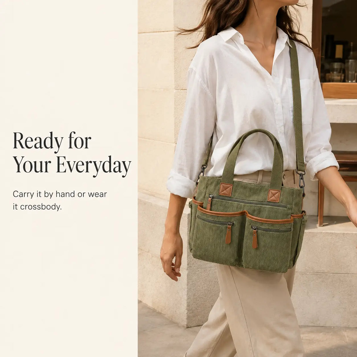 Corduroy Multi-Pocket Convertible Tote Bag
