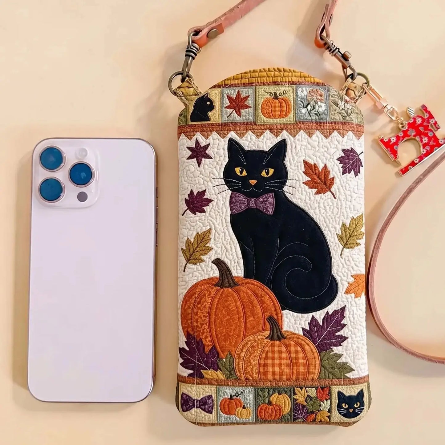 Pumpkin And Black Cat Quilted Slim Phone Crossbody Bag