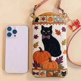 Pumpkin And Black Cat Quilted Slim Phone Crossbody Bag