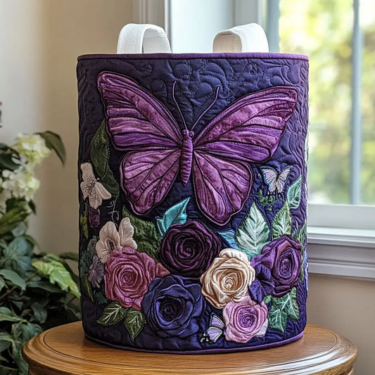 Purple Butterfly Rose Quilted Laundry Basket