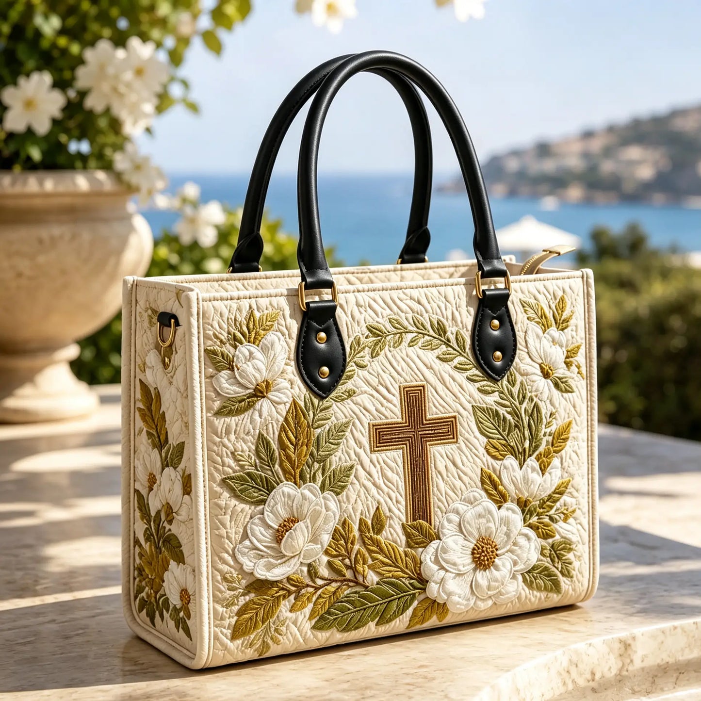 Holy Cross Quilted Leather Strap Bible Handbag