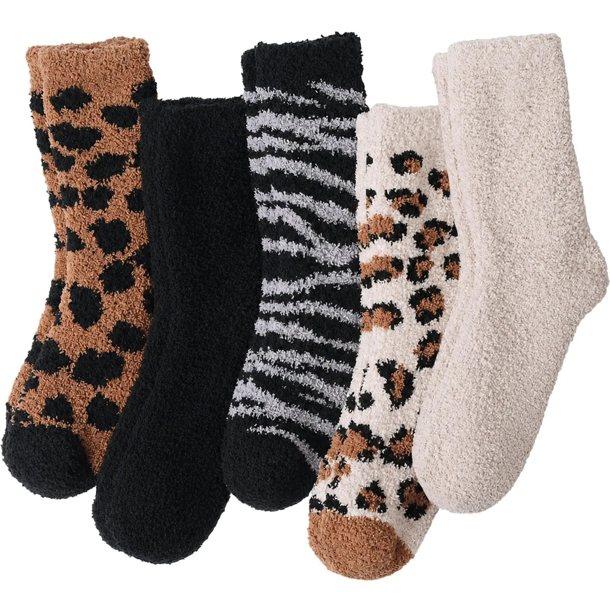 Leopard Zebra Fall Cozy Fluffy Slipper Socks 5 Pairs