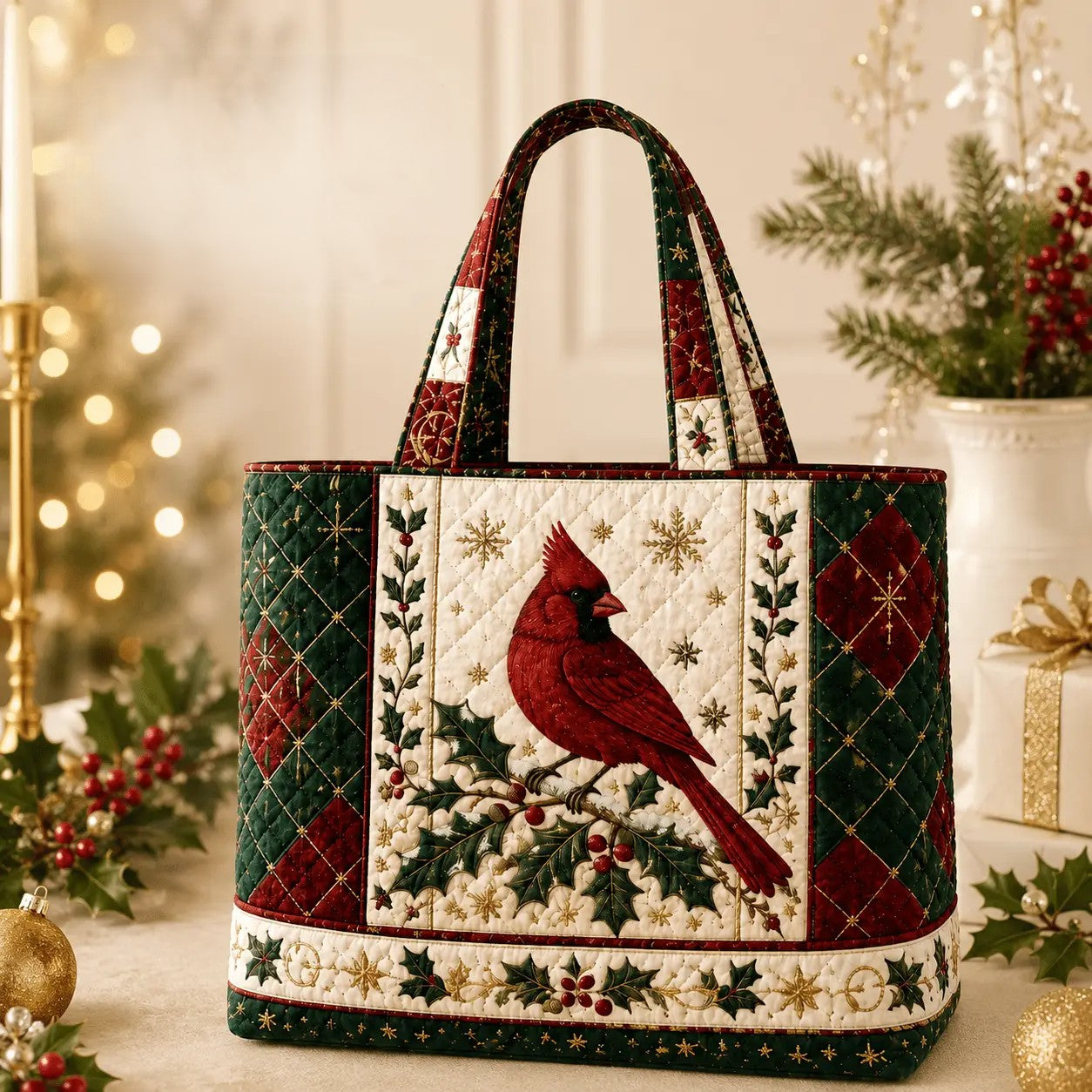 Vintage Cardinal Holly Handmade Tote Bag