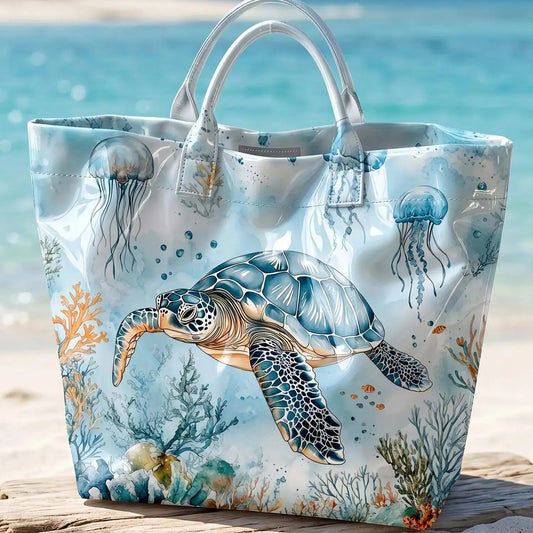 Sea Turtle Print And Hearts PVC Tote Bag