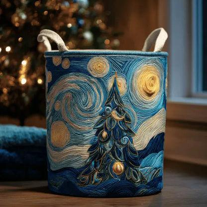 Starry Night Christmas Tree Quilted Laundry Basket