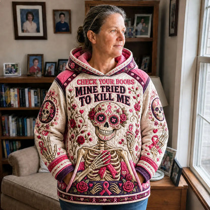 Sugar Skull Breast Cancer Funny Quilted Casual Hoodie