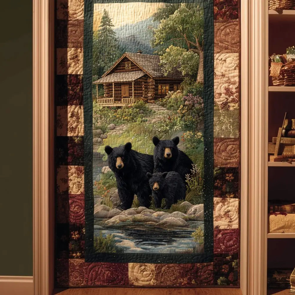 Black Bear Family Cabin Forest Rustic Quilted Door Cover