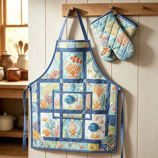 Tropical Fish Quilted Apron Set (2-Piece) – Padded Apron + Heat-Resistant Oven Mitts