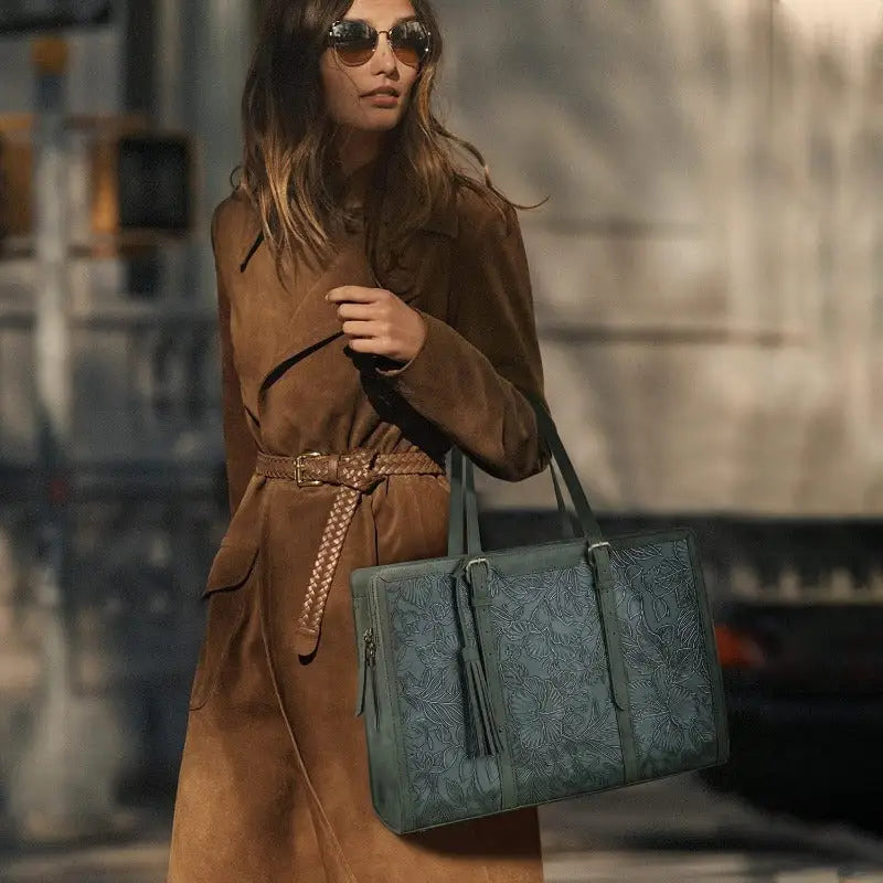 Vintage Embossed Leather Laptop Tote Set