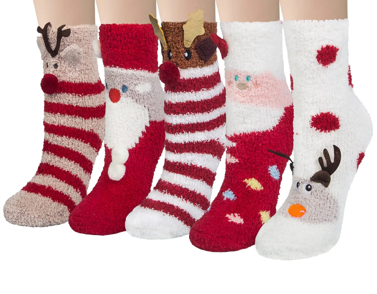 Christmas Santa Reindeer Fall Cozy Fluffy Slipper Socks 5 Pairs