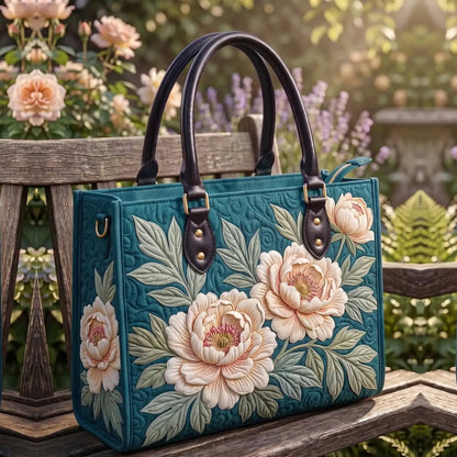 Teal Peony Floral Quilted Leather Strap Bible Handbag
